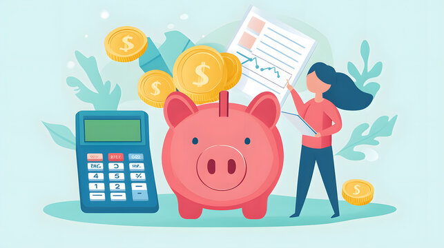 Financial management illustration with piggy bank, calculator, and investment growth concept, perfect for personal budgeting, saving tips, and money management strategies