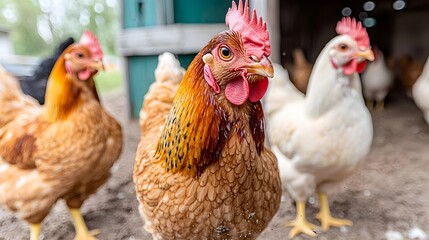 Fototapeta premium Chickens Pecking in the Dirt of a Free Range Farm Chicken Coop A Rustic Pastoral Scene of a Traditional Wooden Chicken Coop on a Sustainable Eco Friendly Farm