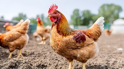 Fototapeta premium Chickens Pecking and Scratching in the Dirt of a Free Range Farmyard Coop on a Peaceful Countryside Landscape