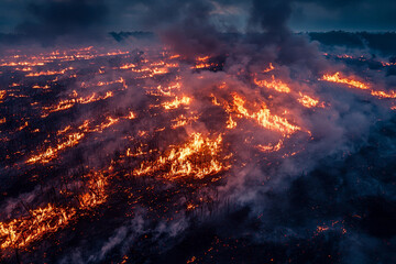 Wildfire engulfs dry grasslands at dusk, illuminating the dark sky