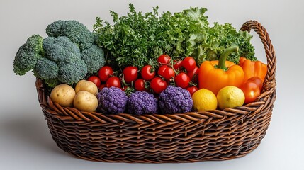 A wicker basket filled with a variety of fresh vegetables and fruit, including broccoli, kale, tomatoes, bell peppers, potatoes, cauliflower, and lemons.