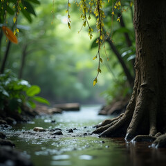 Fototapeta premium Tree with a leafy branch over a stream