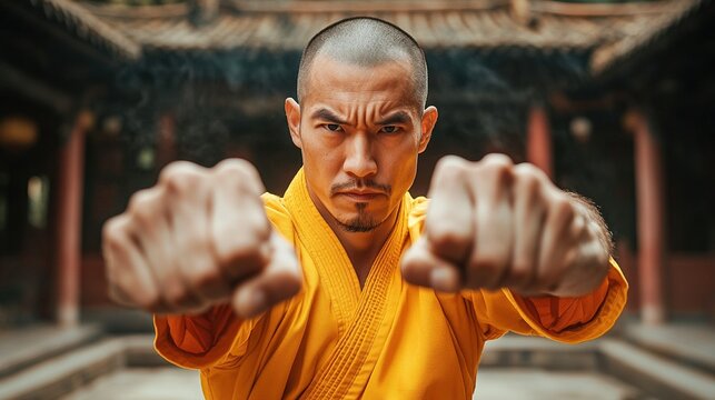 Shaolin monks demonstrating kung fu precise movements
