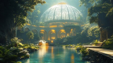 Fototapeta premium A futuristic glass dome building surrounded by lush greenery and a flowing stream.