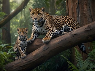 Naklejka premium A jaguar and a cub sits on a tree branch