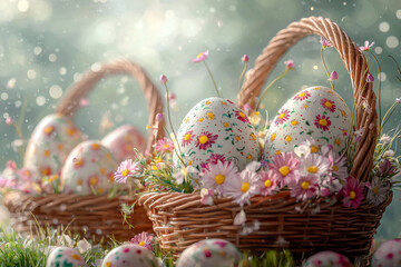 Colorful decorated Easter eggs in baskets surrounded by flowers