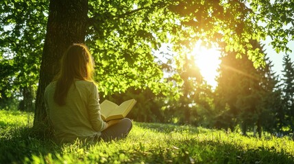 A person sitting under a tree enjoying a book while basking in the warm sunlight on a peaceful afternoon