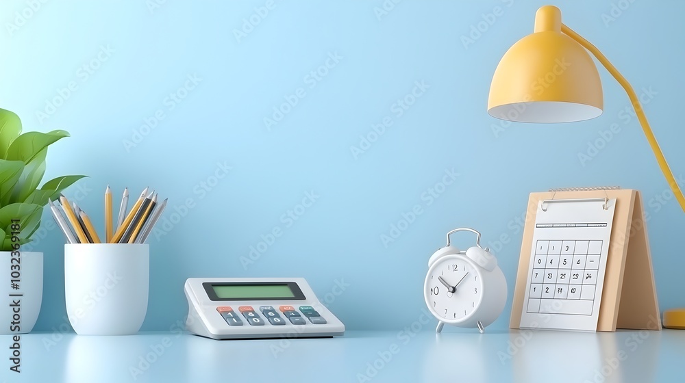 Poster collection of minimalist 3d cartoon office icons featuring a calculator chair calendar printer and l