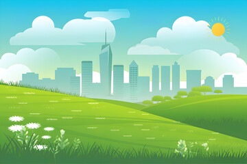 Green hill dotted with flowers stands before city skyline under bright sky