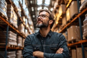 Supervisor standing with crossed arms in warehouse