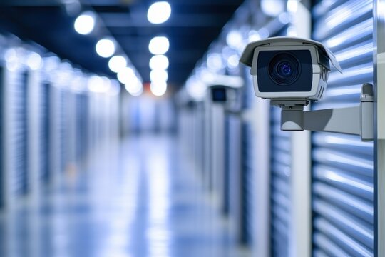 Security camera is monitoring self storage facility corridor