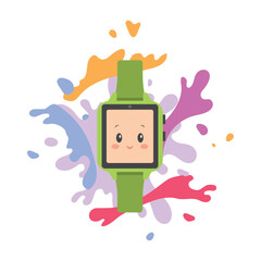 cute smart watch for kids with smiling face in flat design and splashes of colors on background, isolated vector illustration on white,design element in cartoon style