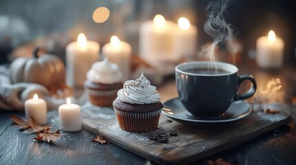 Cozy atmosphere with cupcakes, coffee, and lit candles on a wooden table.