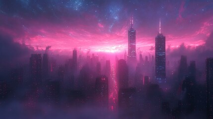 Fototapeta premium Futuristic city skyline with a pink and purple sky, clouds, and skyscrapers.