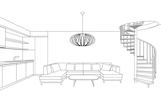 Modern living room with kitchen, wireframe design suggests 3D architectural blueprint