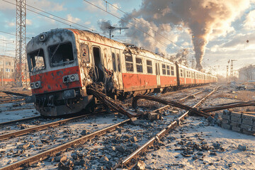 Obraz premium Abandoned train on damaged tracks in a post-apocalyptic setting