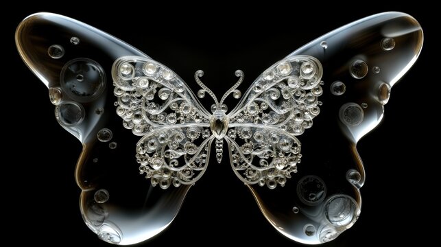an abstract drawing of a transparent butterfly with silver patterns on a black background