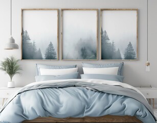 Rustic wooden bed with blue pillows and two bedside cabinets against white wall with three posters frames. Farmhouse interior design of modern bedroom