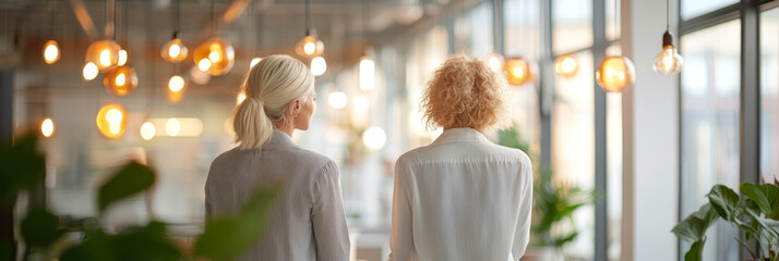 Two women in modern office space, engaged in conversation, surrounded by warm lighting and greenery. atmosphere is inviting and collaborative, perfect for creative discussions