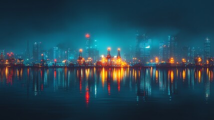 A panoramic view of a city skyline at night with lights reflected in the water.