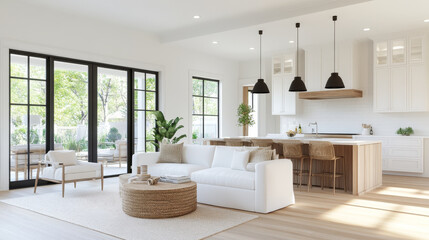 A bright and airy modern living room featuring white sofa, natural wood accents, and large windows that invite sunlight. open layout connects to stylish kitchen, creating warm and inviting atmosphere