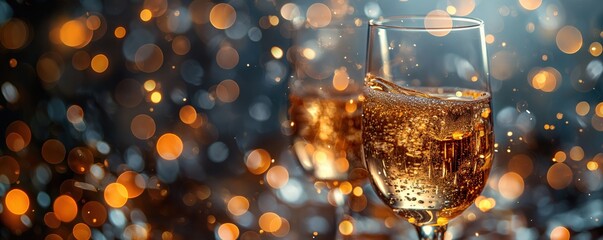 Close-up of sparkling champagne glasses on a black backdrop with golden bokeh lights, evoking elegance and celebration. Perfect for New Year's, weddings, anniversaries and sophisticated gatherings.