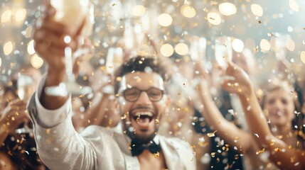 A joyful crowd celebrates with champagne and smiles amid sparkling confetti, captures the festive spirit of New Year's Eve. Ideal for event promotions, party invitations, and holiday advertisements