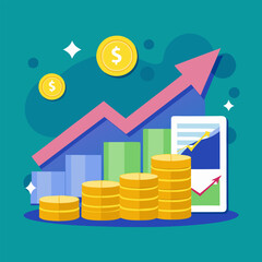 Profit money or budget vector illustration, flat cartoon pile of cash and rising graph arrow up, concept of business success, economic or market growth, investment revenue, capital earnings, benefit