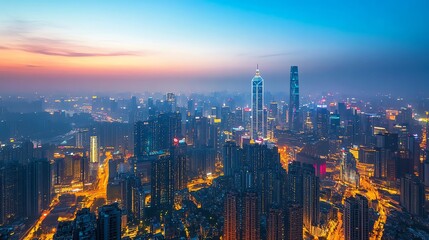 Obraz premium A panoramic view of a city skyline at dawn, with tall skyscrapers and a hazy sky.