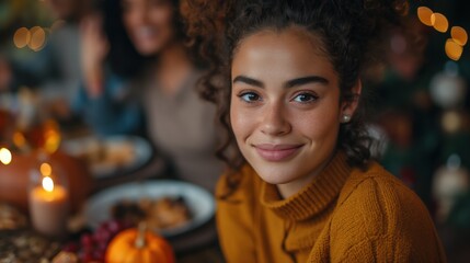 Smiling woman framed by softly blurred friends in cozy autumn setting. Ideal for lifestyle articles, social media and festive advertisements focusing on friendship and Thanksgiving holiday gatherings