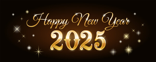 Happy New Year 2025 golden inscription. Shining banner with stars. Background for website or print. Vector graphics.
