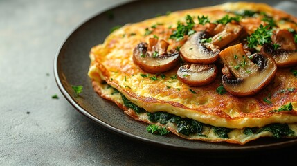 Fresh homemade omelette with mushrooms, feta cheese and herbs. A healthy protein breakfast with mushrooms and spinach