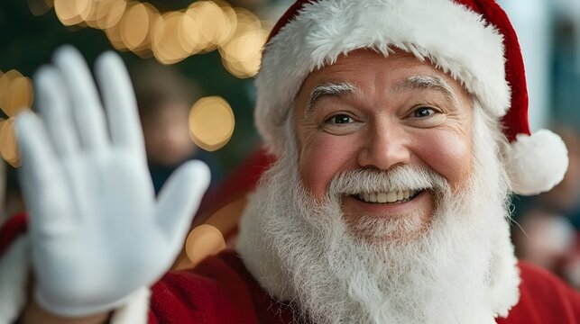A jolly Santa Claus standing beside a sleigh filled with colorful wrapped gifts waving and spreading holiday cheer to children on a snowy winter day - Powered by Adobe