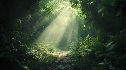 Sunbeams shine through the dense foliage of a lush, green jungle, illuminating a path leading into the depths of the forest.