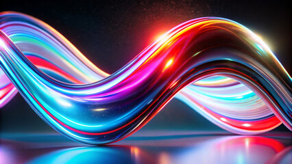 Smooth,flowing abstract form dominates the scene with bright,swirling colors,appearing almost like a ribbon of light.Bright,luminous shades of red,blue and purple create a dynamic visual effect.AI gen