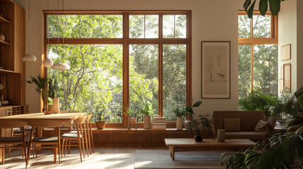 A bright and airy living room features large windows that invite natural light and showcase lush greenery outside. space is adorned with wooden furniture and various indoor plants, creating serene atm