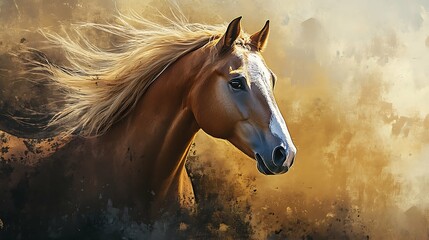 Fototapeta premium In profile portrait of calm cute brown reddish red foal with thick hair, close up image of head, blurry background. Empty space for text.