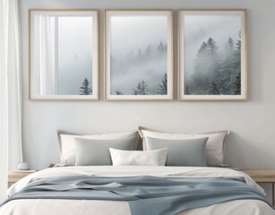Rustic wooden bed with blue pillows and two bedside cabinets against white wall with three posters frames. Farmhouse interior design of modern bedroom