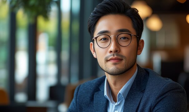 Portrait serious Asian businessman in glasses and business suit in modern office, Generative AI