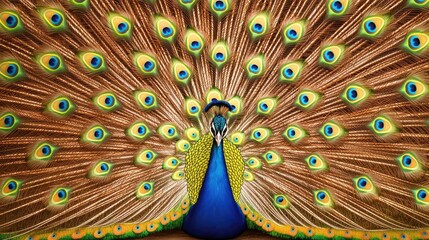 Obraz premium A vibrant peacock displaying its stunning plumage with vivid colors and intricate patterns, showcasing nature's beauty and elegance.