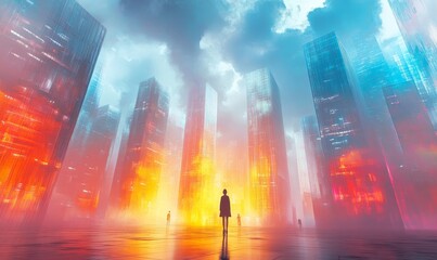 Naklejka premium Abstract visualization of a digital artist exploring virtual reality tools to create immersive 3D artworks, integration of VR technology artistic expression in modern digital, Generative AI