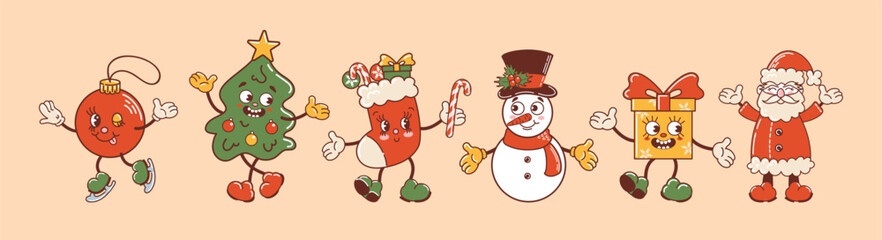 A snowman, Christmas tree, stocking, gift, and Christmas ball are ice skating together. These adorable retro style characters form a delightful dancing set, perfect for stickers, posters, and design