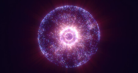 A brilliant purple sphere with glowing circular trails and particles, radiating light, energy, and cosmic mystery
