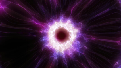 A mesmerizing burst of neon pink and blue light rays converging at a bright core in dynamic energy futuristic sci-fi or technology-related tunnel effect