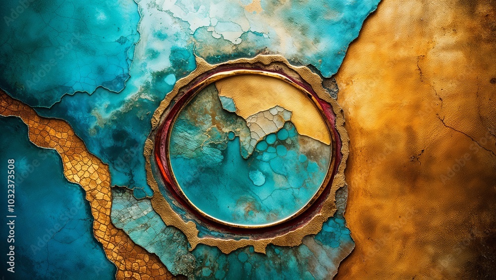 Poster Abstract artwork with gold, blue, and red hues.