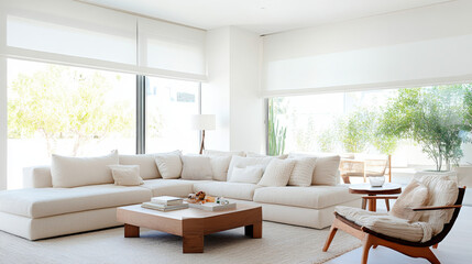 A modern living room featuring spacious white sectional sofa, wooden coffee table, and large windows that let in natural light. serene atmosphere is enhanced by greenery outside