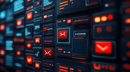 A digital dashboard with multiple notifications, emails, and alerts, symbolizing the stress of constant connectivity and information overload