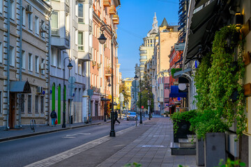 Street in center of Moscow in Russia. Cozy cityscape in Moscow. Architecture and landmarks of Moscow.