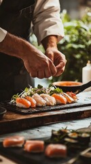 Artistic shot of a chef arranging Sashimi on a plate, with studio lighting emphasizing the craftsmanship and fresh textures of the fish