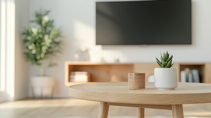 A cozy living room scene featuring wooden coffee table with small plant and decorative candle. background showcases modern TV and stylish shelf, creating warm and inviting atmosphere